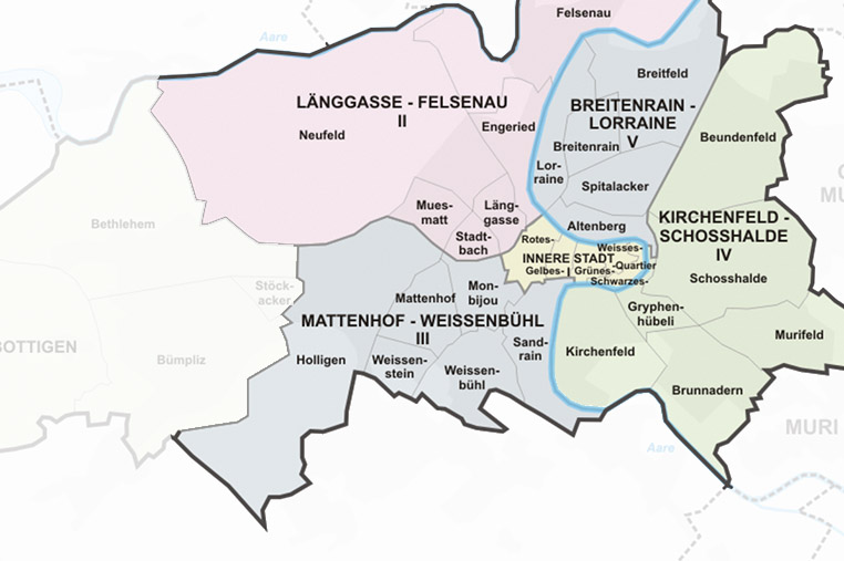 Stadtteile in Bern (Darstellung aus Wikipedia)